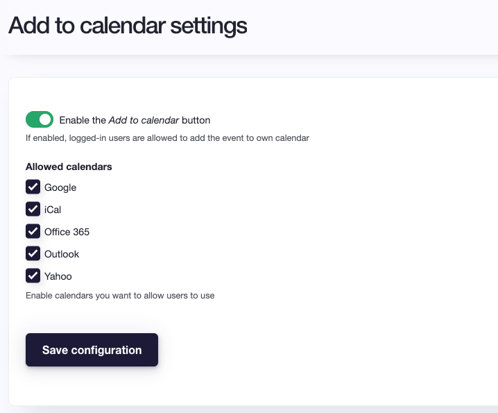 Add to calendar settings