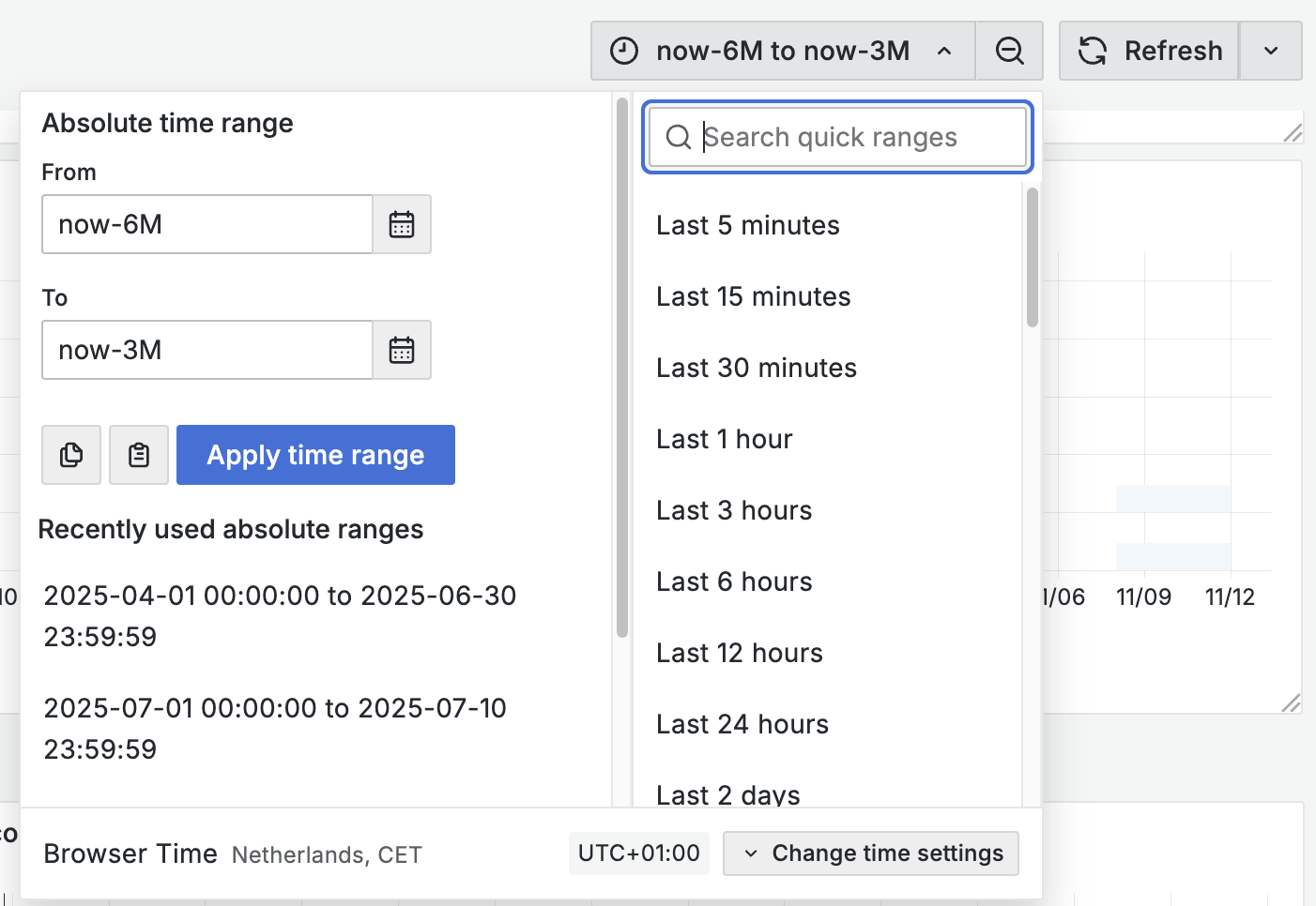 The time range dropdown allows you to select any time period.