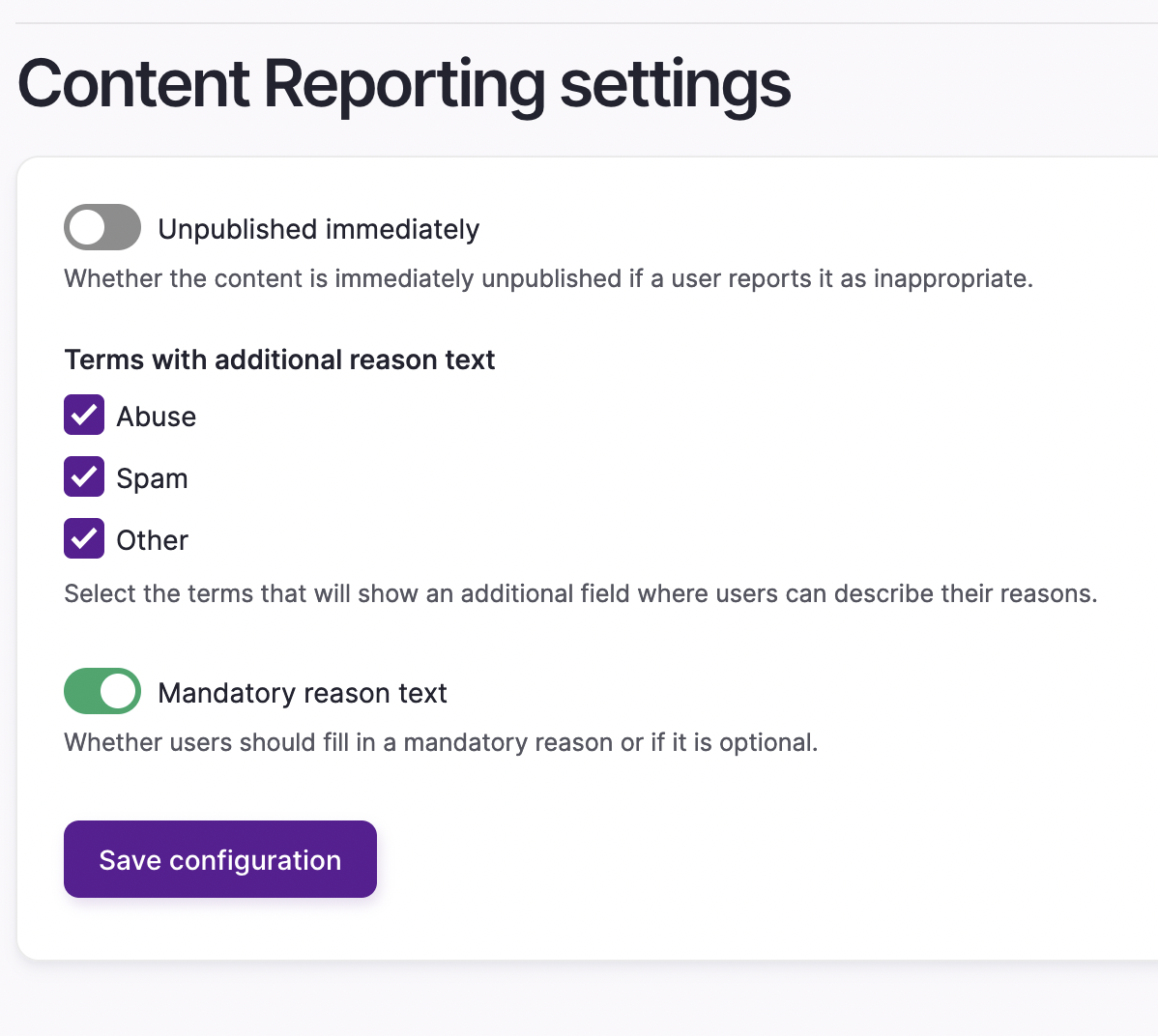 Content Reporting Settings