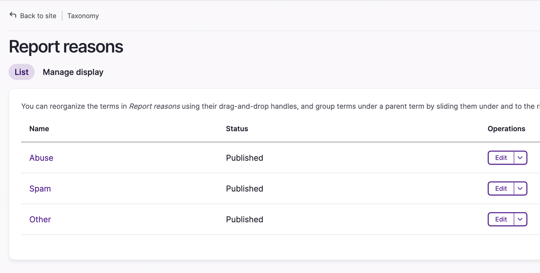 Taxonomy with Report Reasons