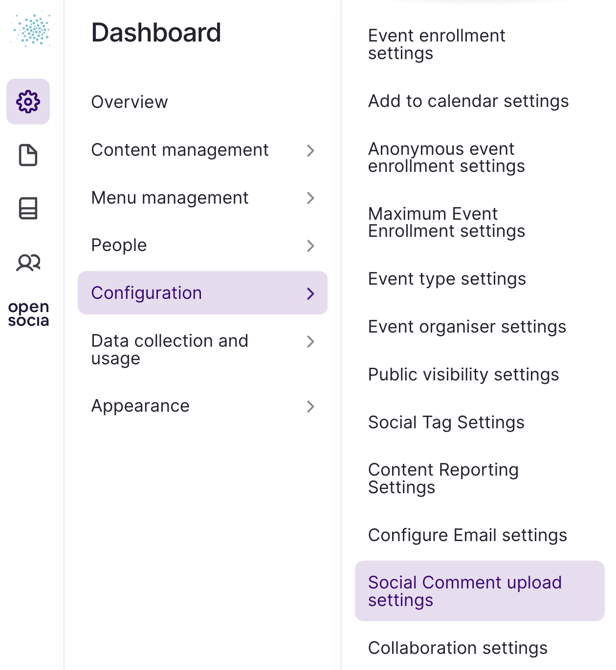 Screenshot path to Social Comment Settings